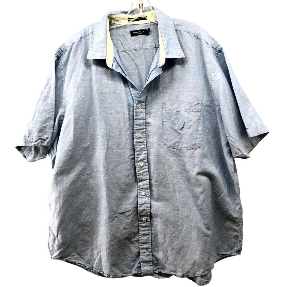 Nautica Linen Blend Shirt Mens XXL Blue Short Sleeve Button Down Vacation